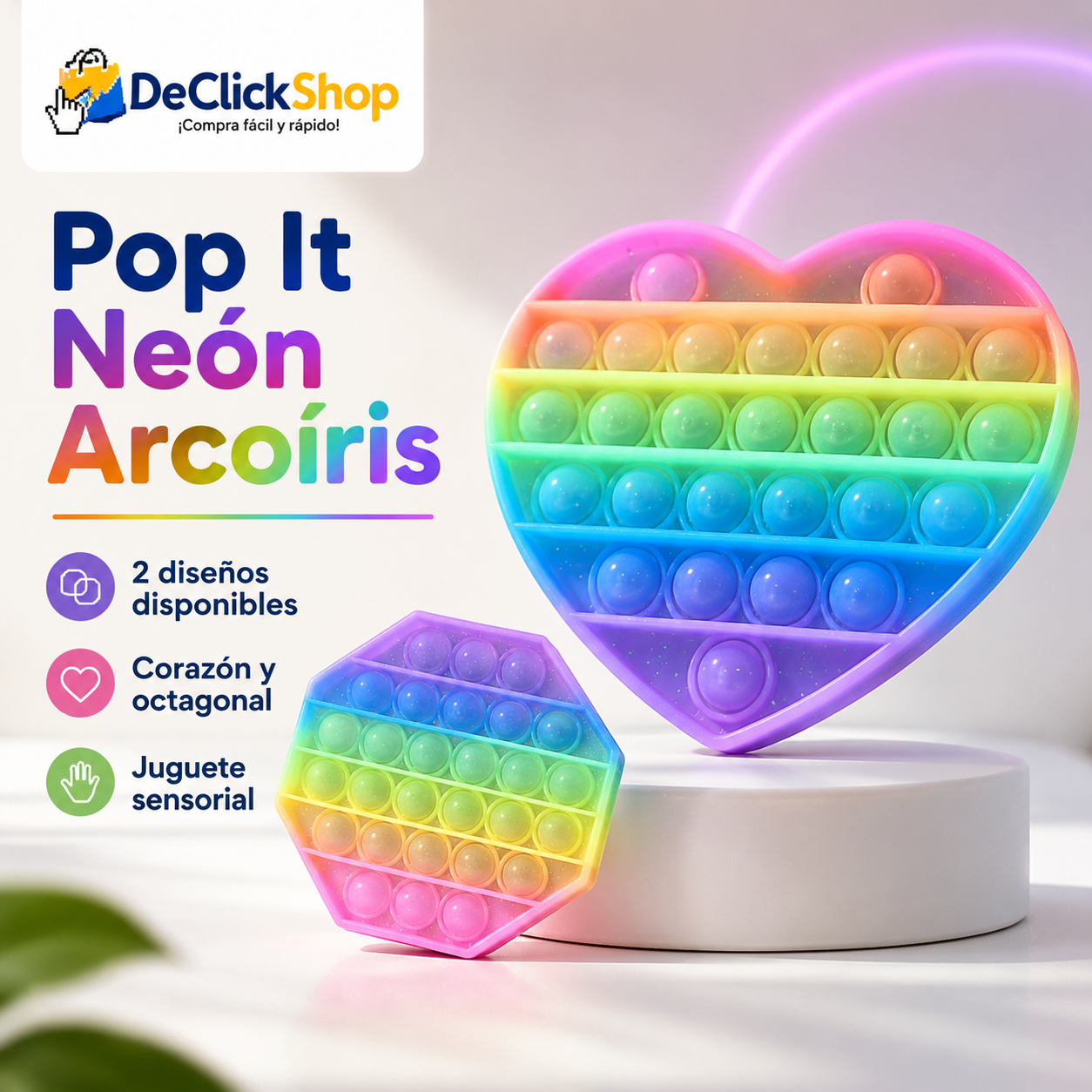 Pop It Neón Arcoíris Sensorial – Diseño Corazón u Octagonal