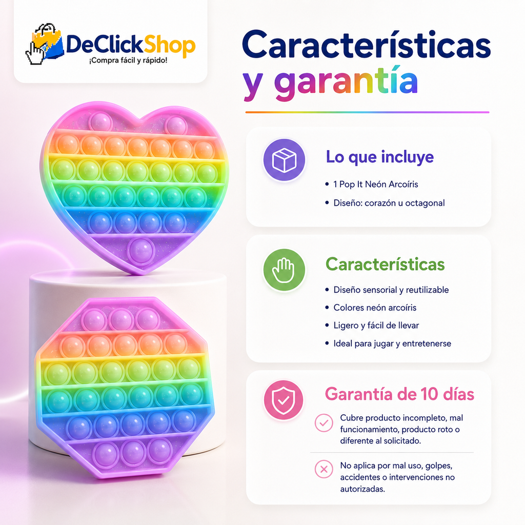 Pop It Neón Arcoíris Sensorial – Diseño Corazón u Octagonal