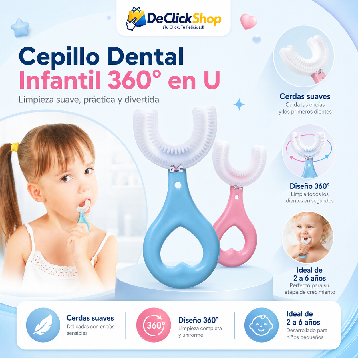 Cepillo Dental Infantil 360° en U con Cerdas Suaves