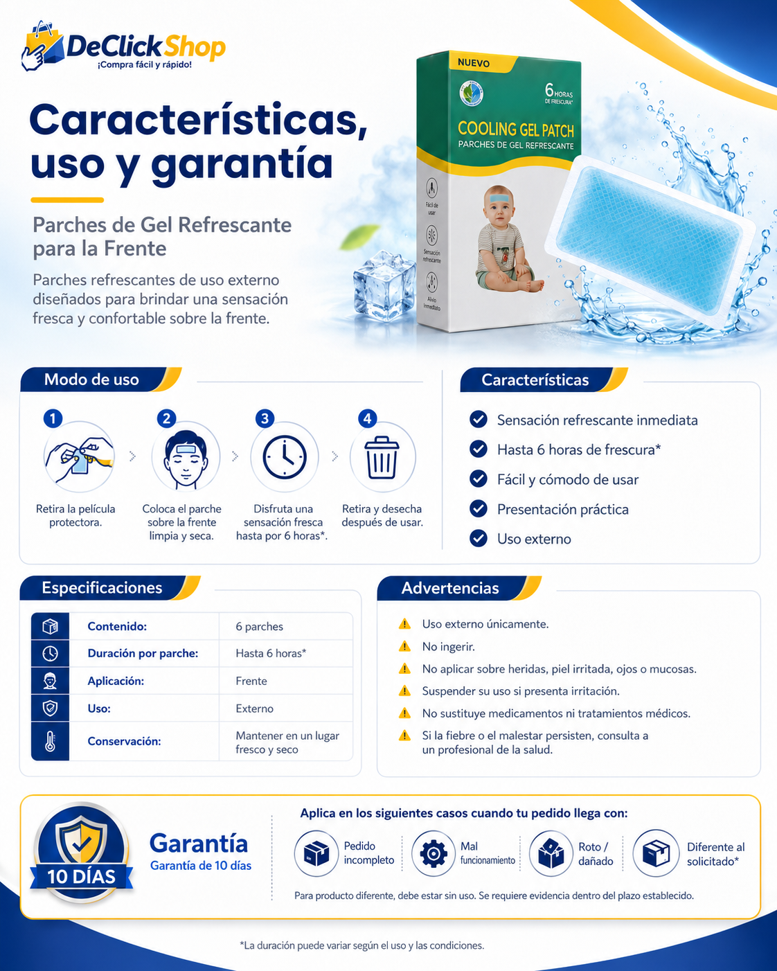 Parches de Gel Refrescante para la Frente x6 – Frescura Hasta por 6 Horas
