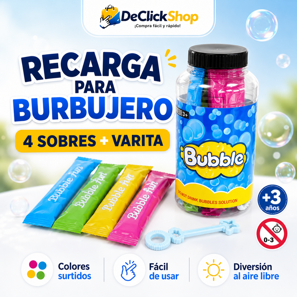 Kit de Recarga para Burbujero con 4 Sobres y Varita – Colores Surtidos +3 Años