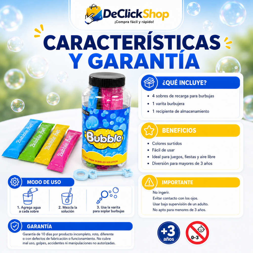 Kit de Recarga para Burbujero con 4 Sobres y Varita – Colores Surtidos +3 Años