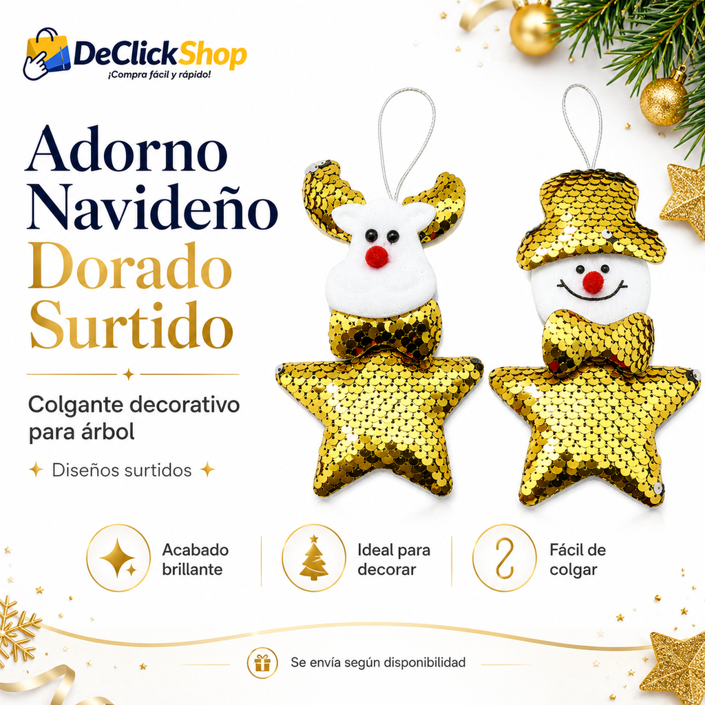 Adorno Navideño Dorado Surtido para Árbol – Diseño Reno o Muñeco de Nieve