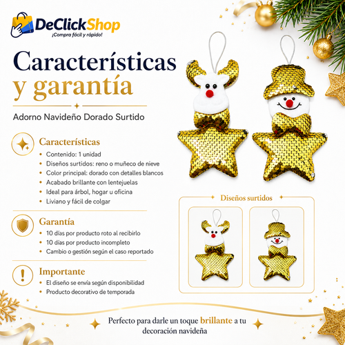 Adorno Navideño Dorado Surtido para Árbol – Diseño Reno o Muñeco de Nieve