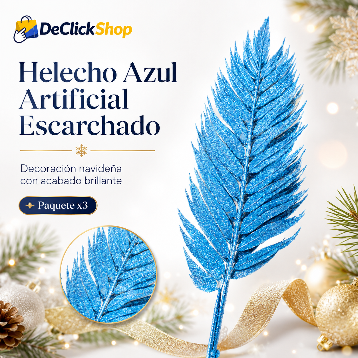 Helecho Azul Artificial Escarchado x3 para Decoración Navideña