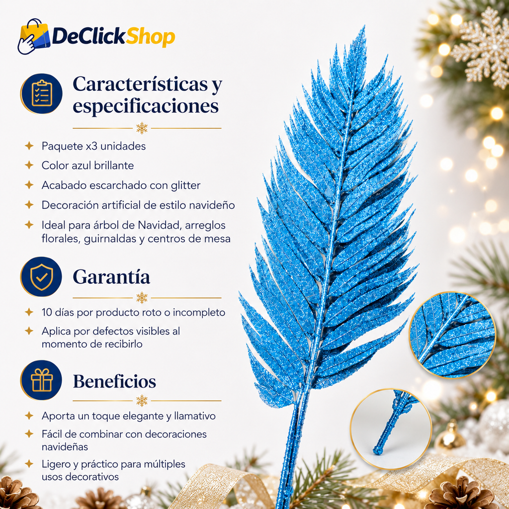 Helecho Azul Artificial Escarchado x3 para Decoración Navideña