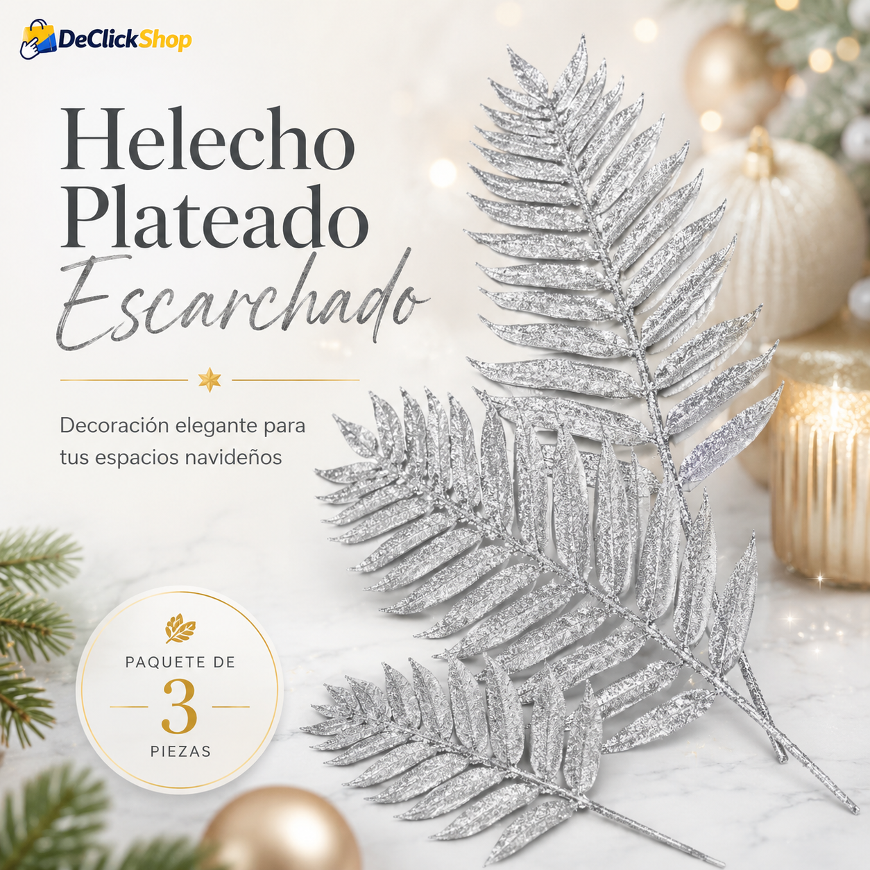 Helecho Plateado Escarchado x3 – Decoración Navideña Artificial
