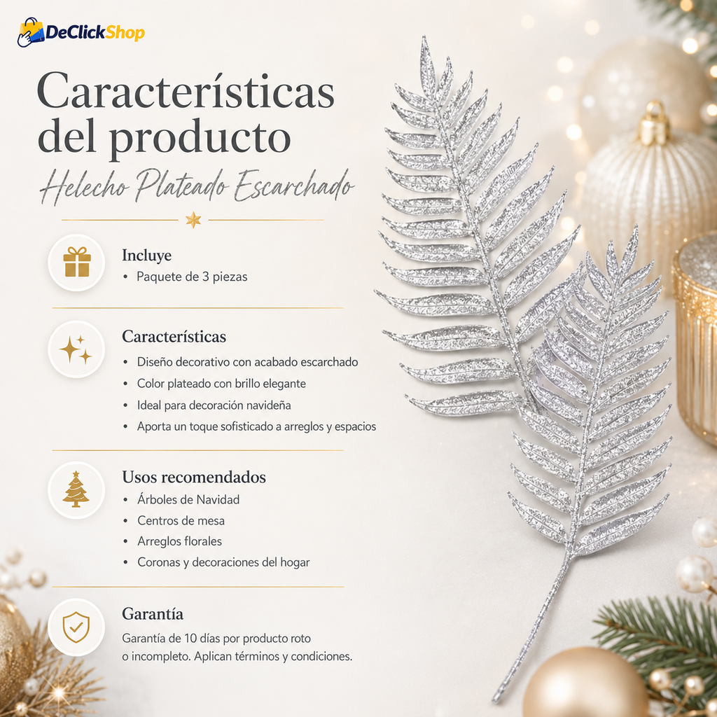 Helecho Plateado Escarchado x3 – Decoración Navideña Artificial