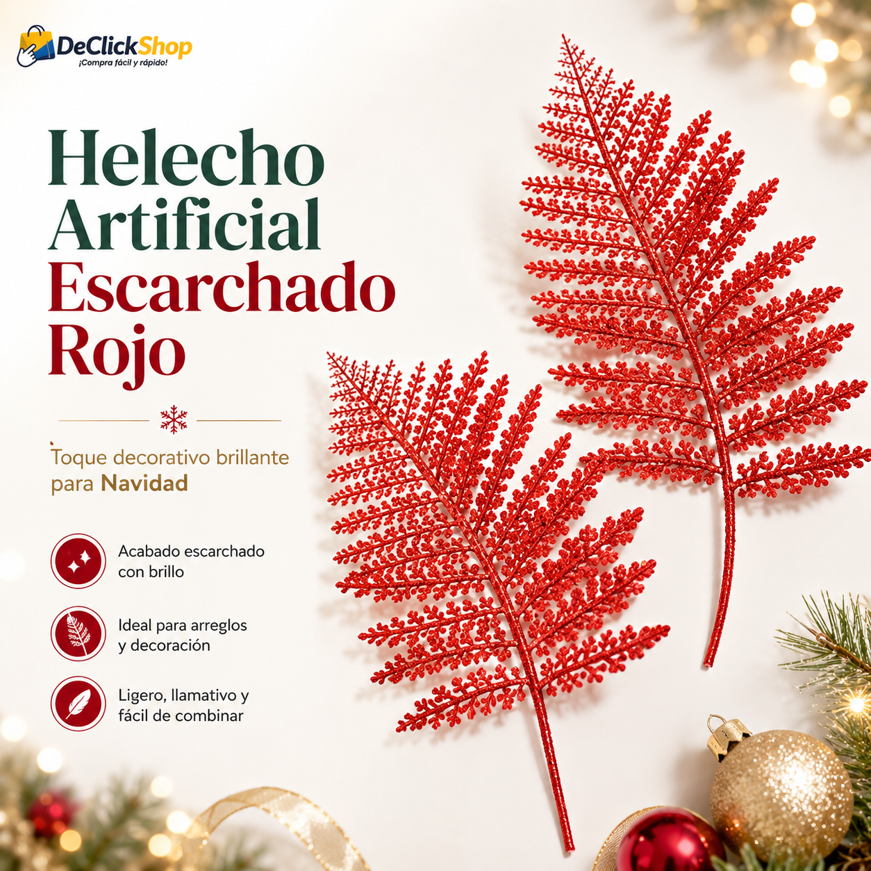 Helecho Artificial Escarchado Rojo para Decoración Navideña