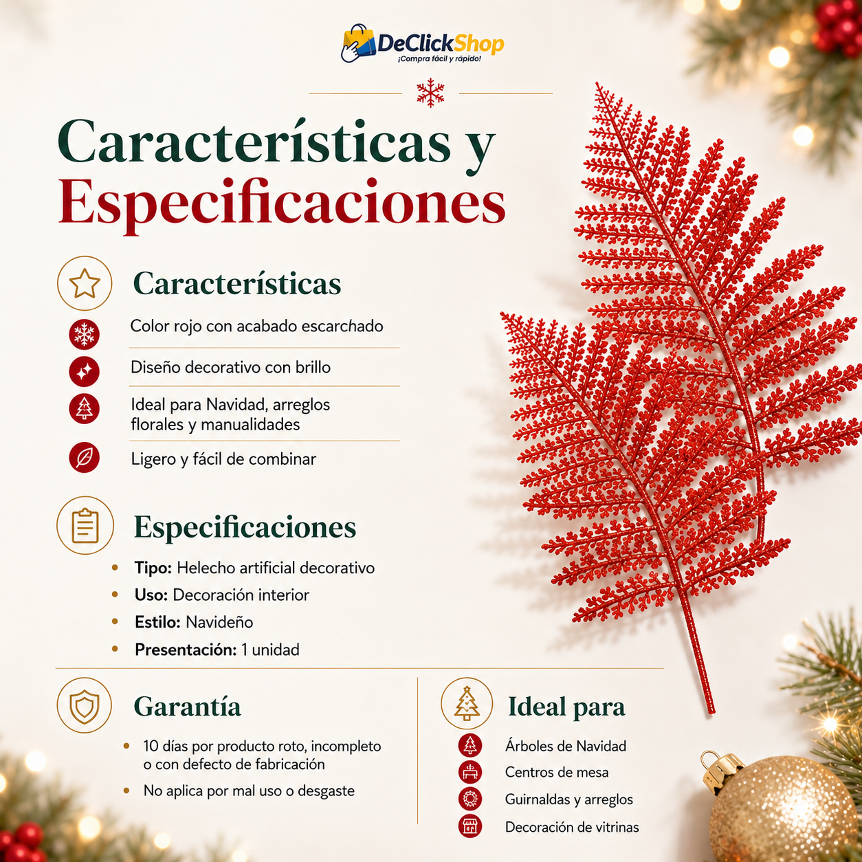 Helecho Artificial Escarchado Rojo para Decoración Navideña