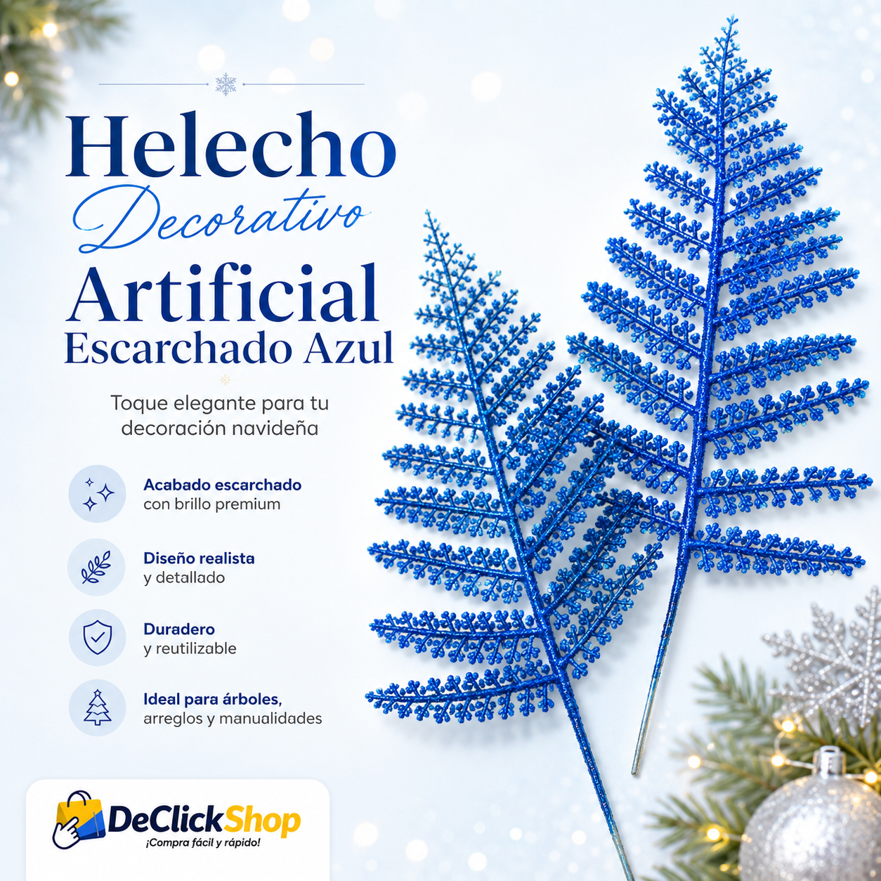 Helecho Artificial Escarchado Azul Decorativo para Navidad, Arreglos y Manualidades