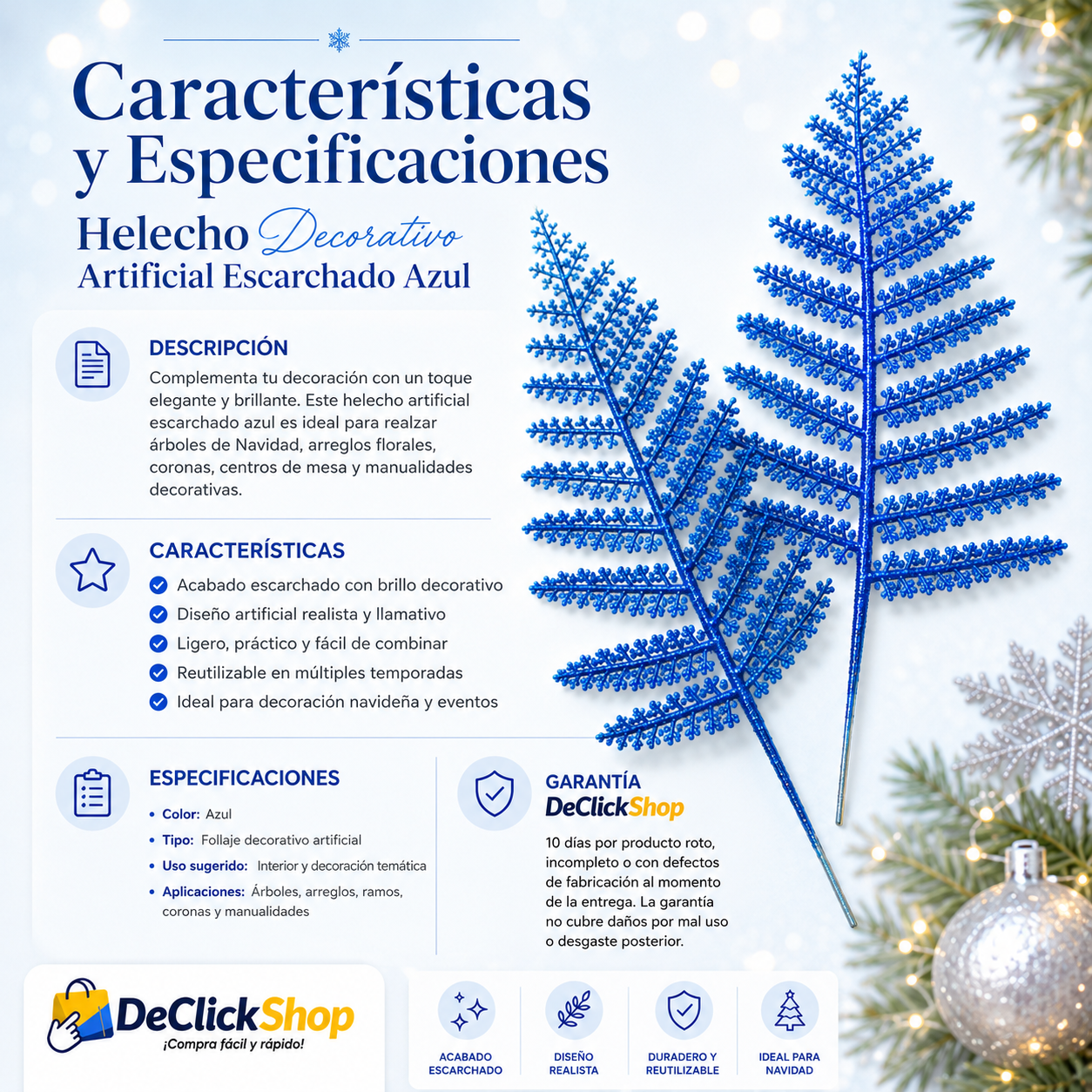 Helecho Artificial Escarchado Azul Decorativo para Navidad, Arreglos y Manualidades