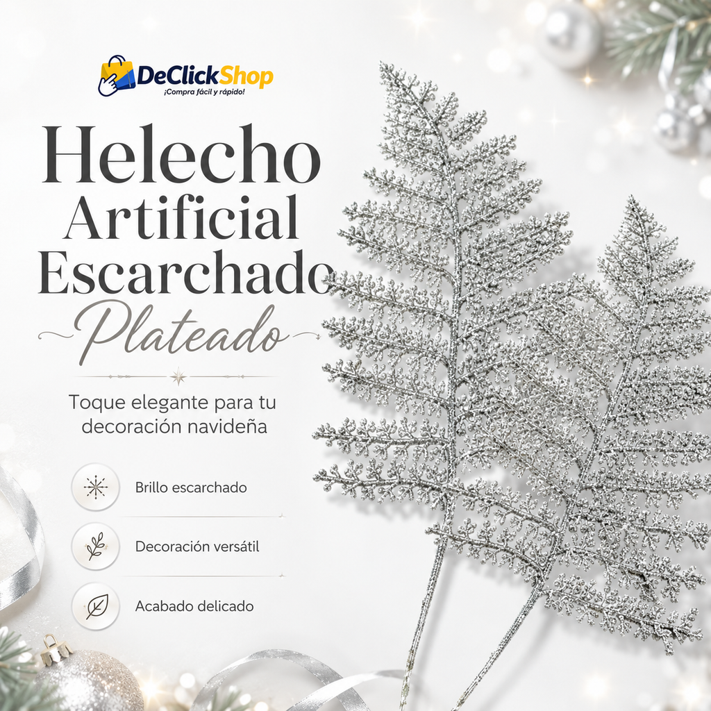 Helecho Artificial Escarchado Plateado para Decoración Navideña