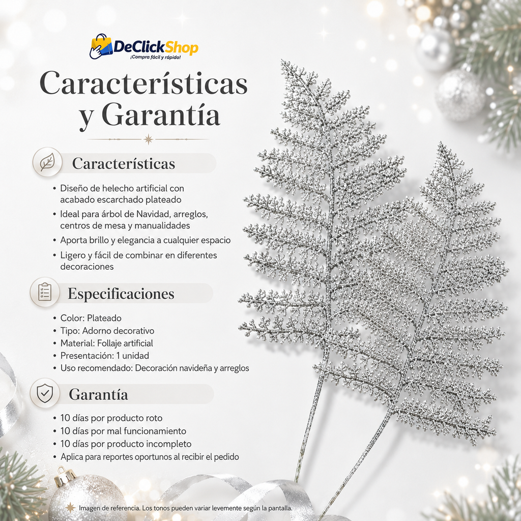 Helecho Artificial Escarchado Plateado para Decoración Navideña