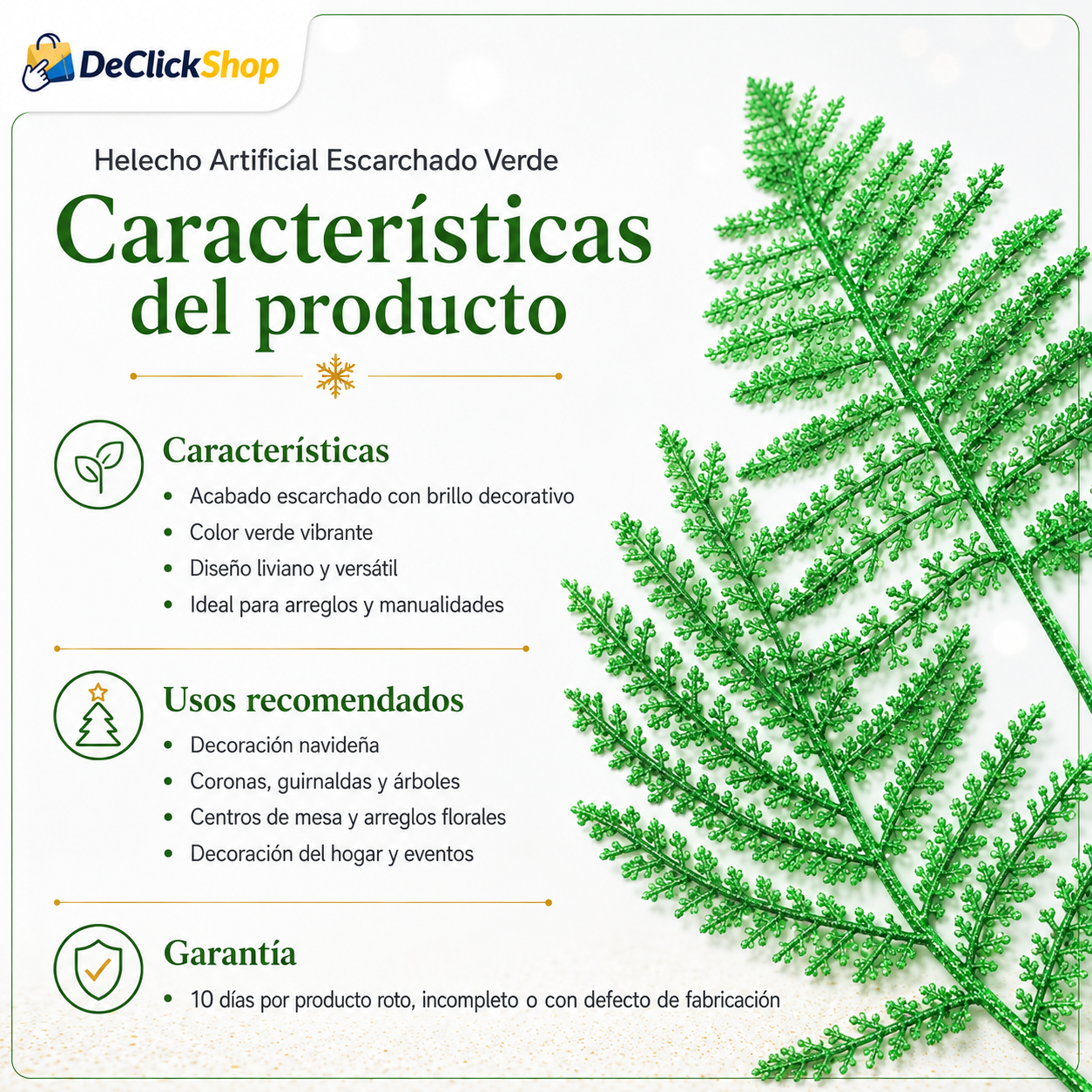 Helecho Artificial Escarchado Verde para Decoración Navideña y Arreglos