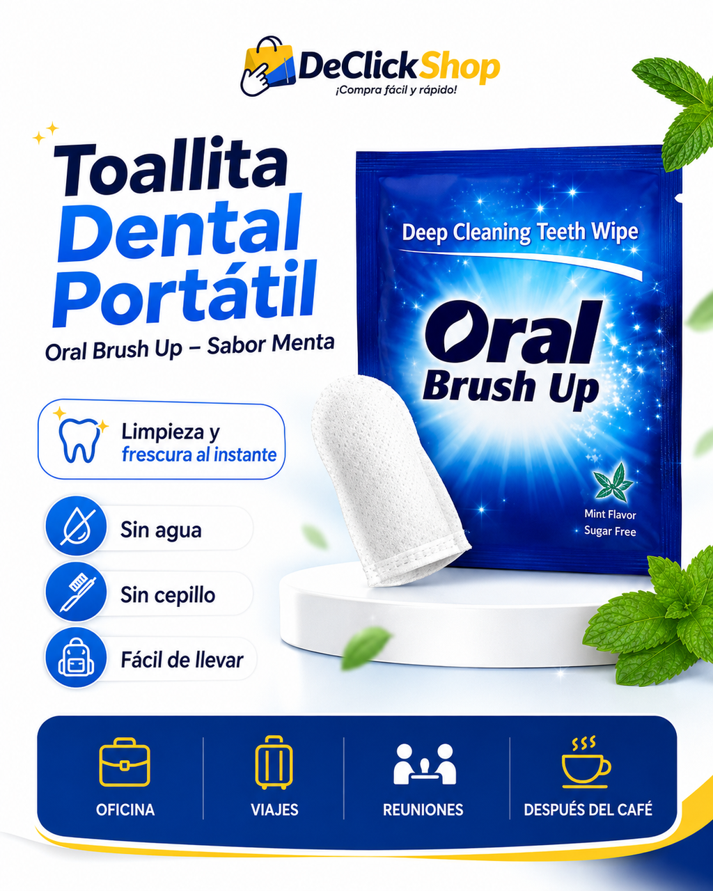 Toallitas Dentales Portátiles Oral Brush Up – Sabor Menta x 10 Unidades