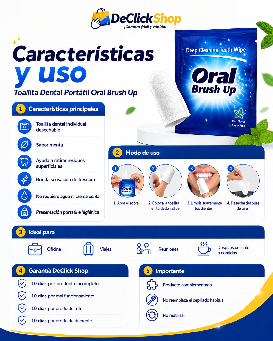 Toallitas Dentales Portátiles Oral Brush Up – Sabor Menta x 10 Unidades