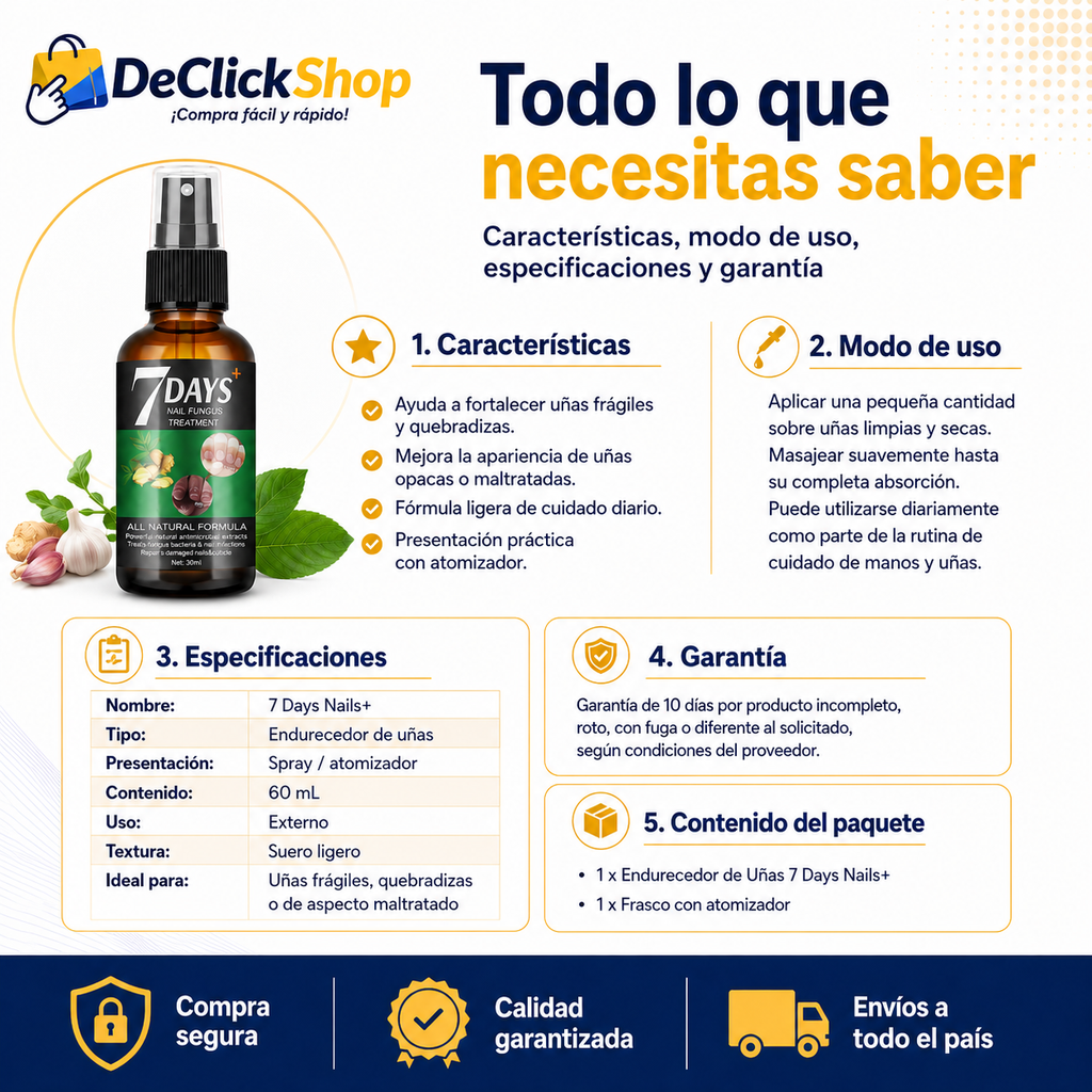 7 Days Nails+ | Suero Fortalecedor para Uñas con Atomizador – 60 mL