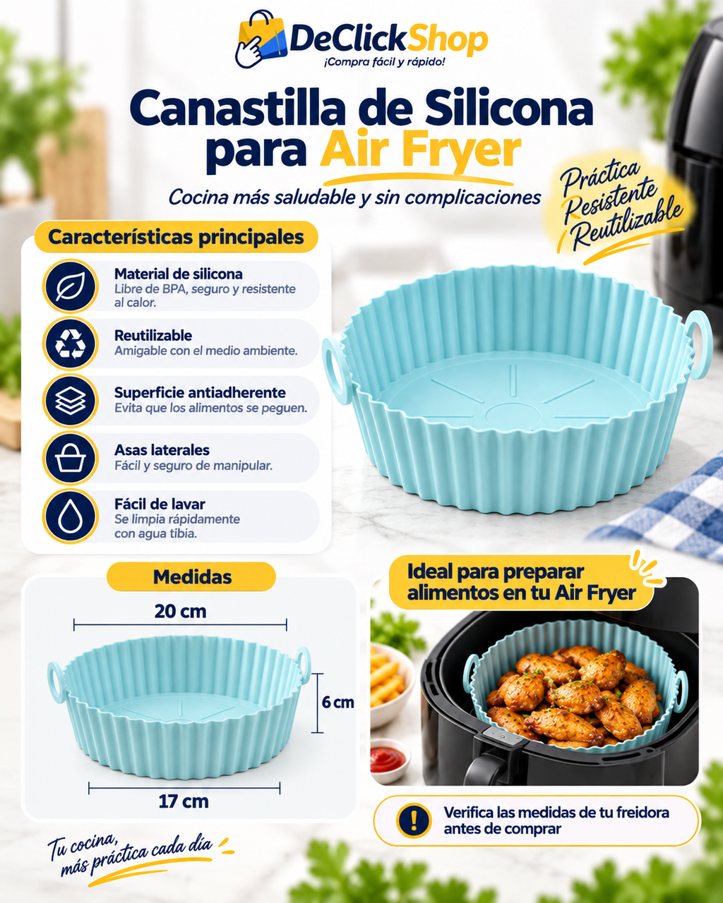 Canastilla Reutilizable de Silicona para Air Fryer 20 cm