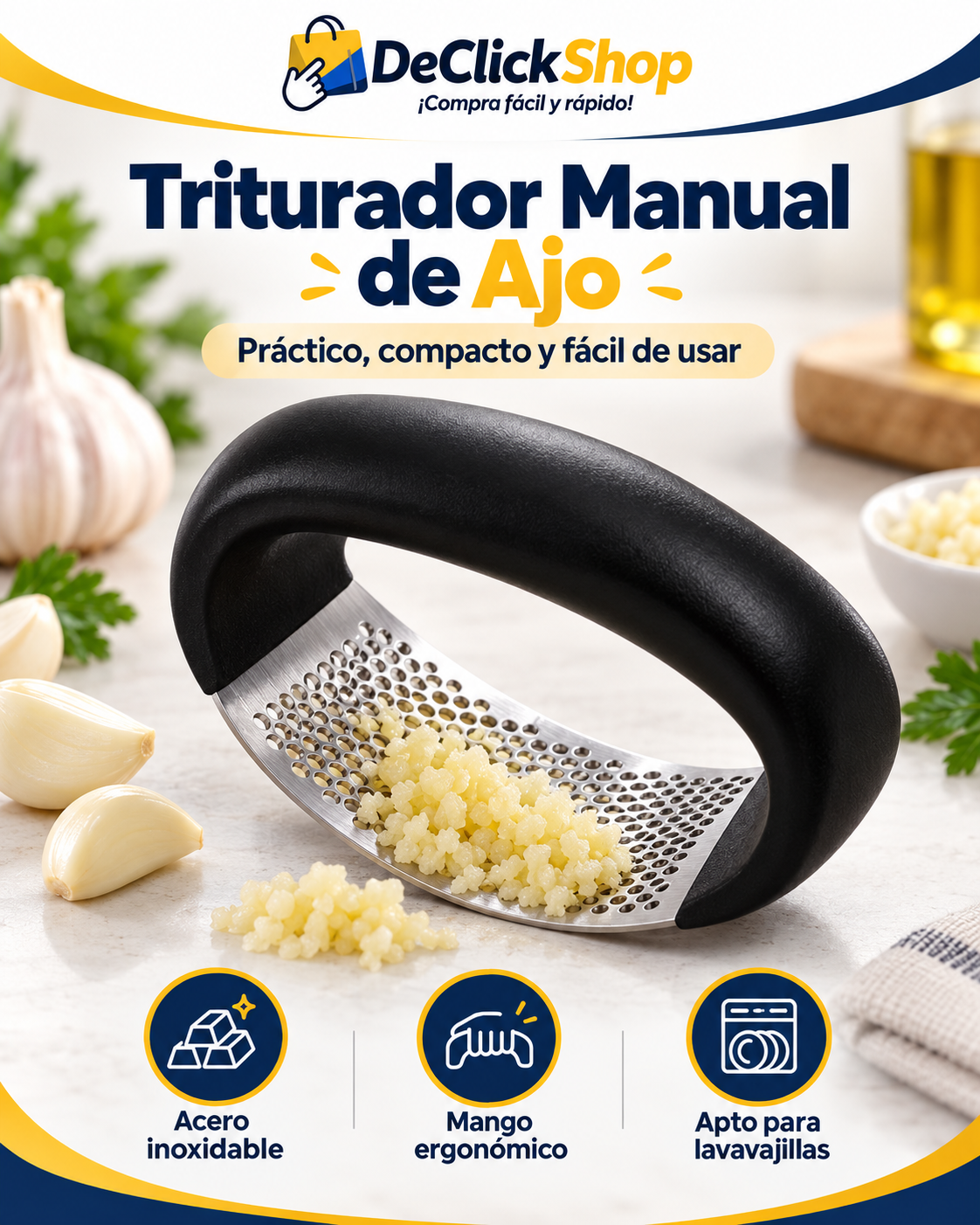 Picador Triturador Manual de Ajo en Acero Inoxidable