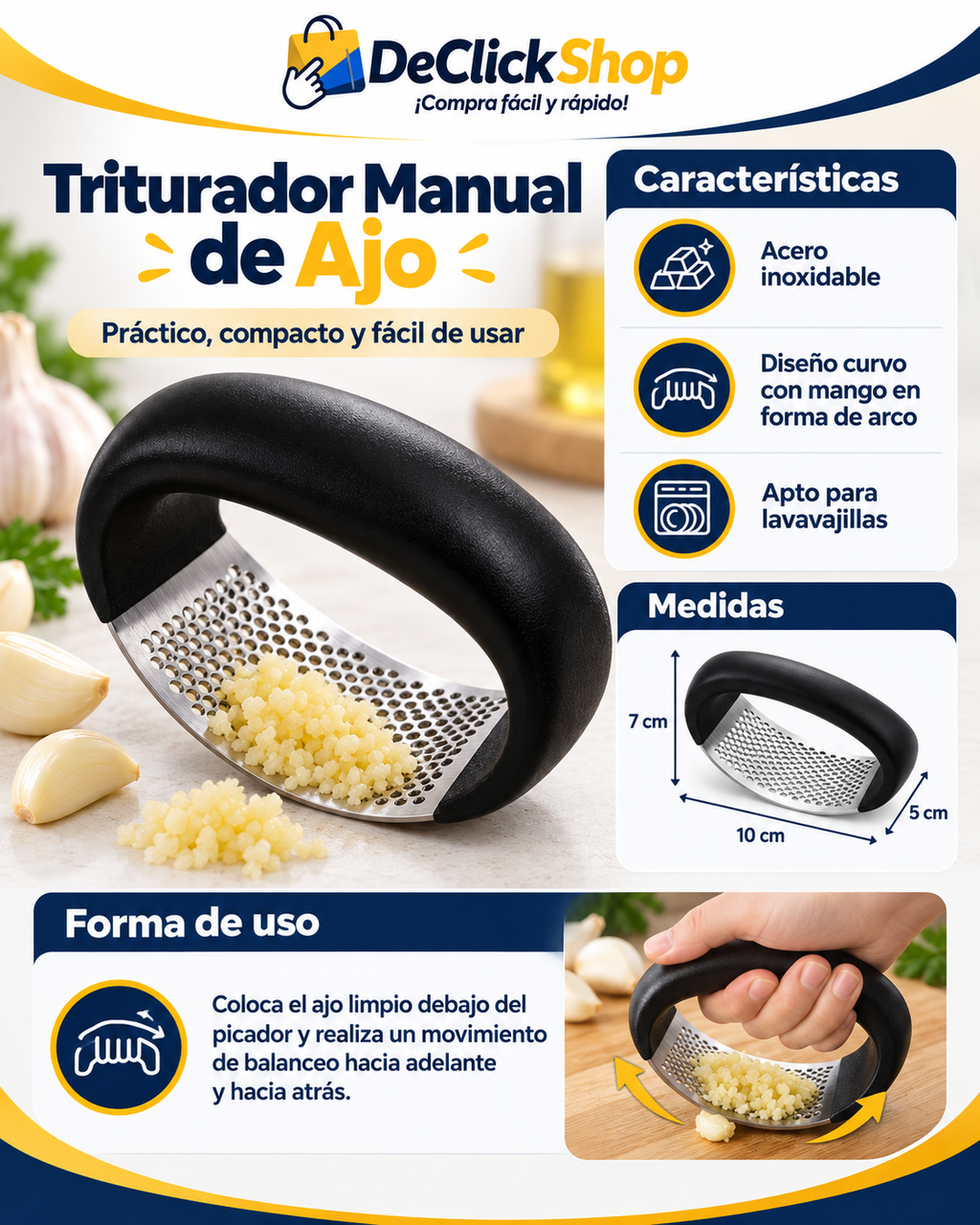 Picador Triturador Manual de Ajo en Acero Inoxidable