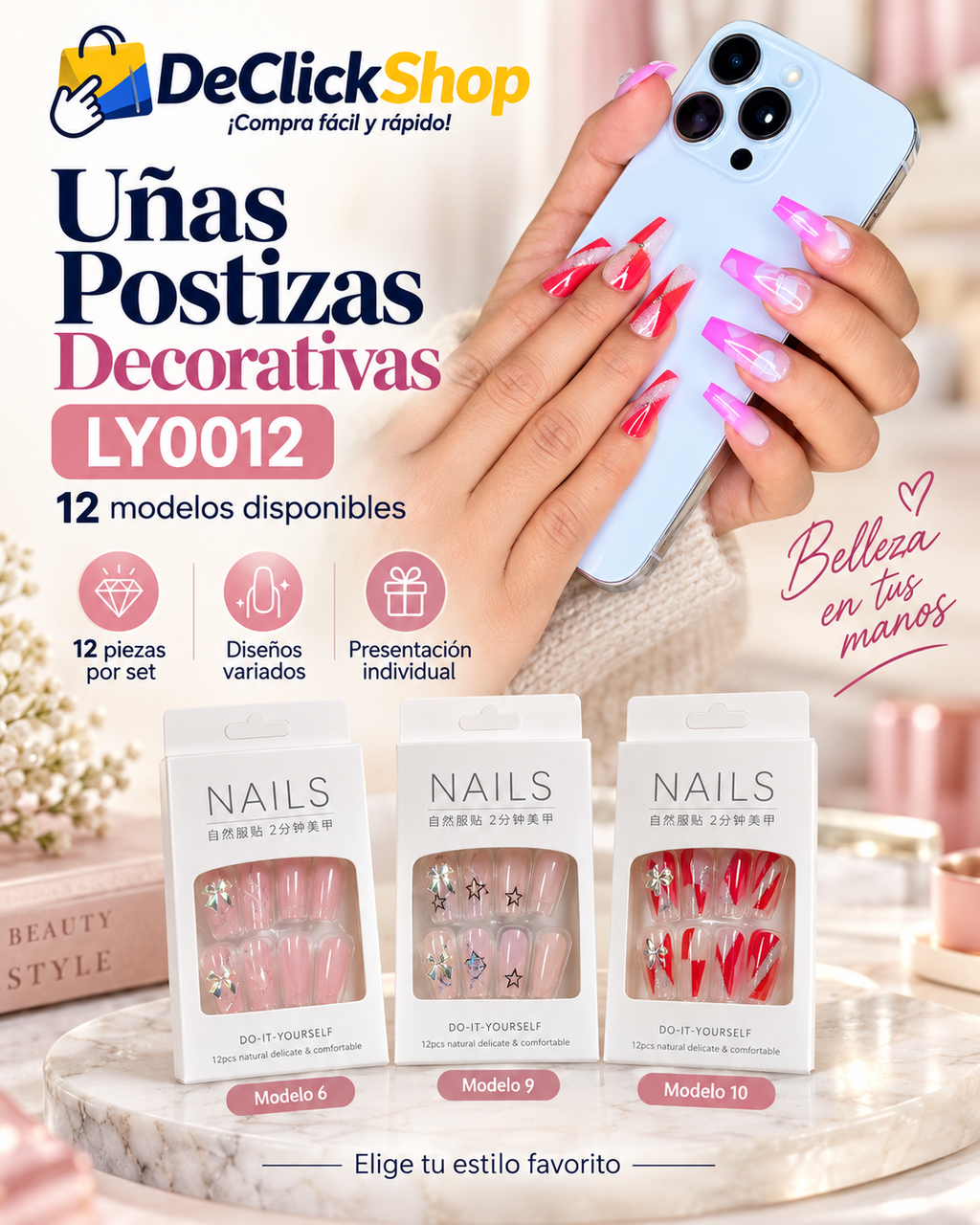 Uñas Postizas Decorativas LY0012 – Set de 12 Piezas