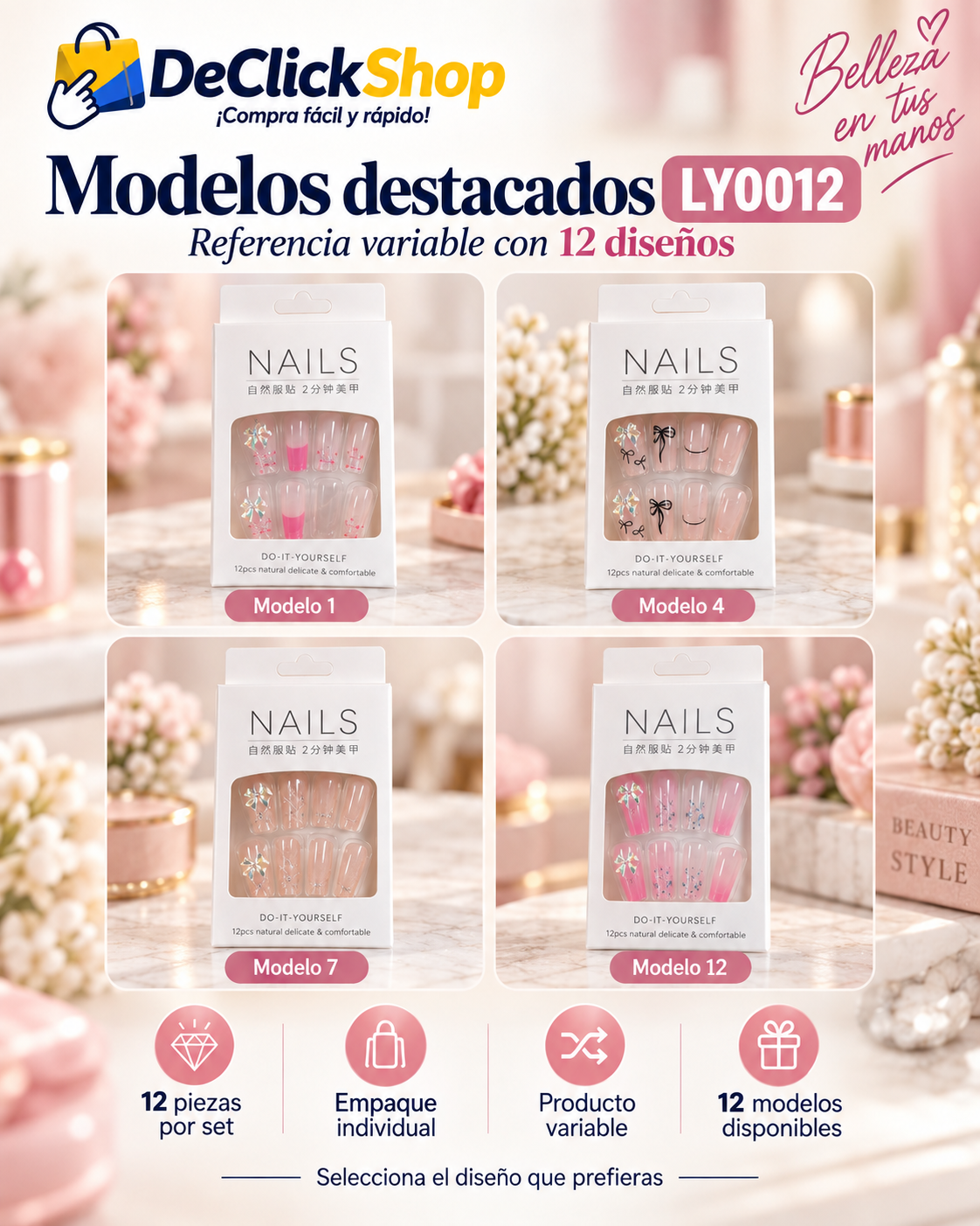 Uñas Postizas Decorativas LY0012 – Set de 12 Piezas