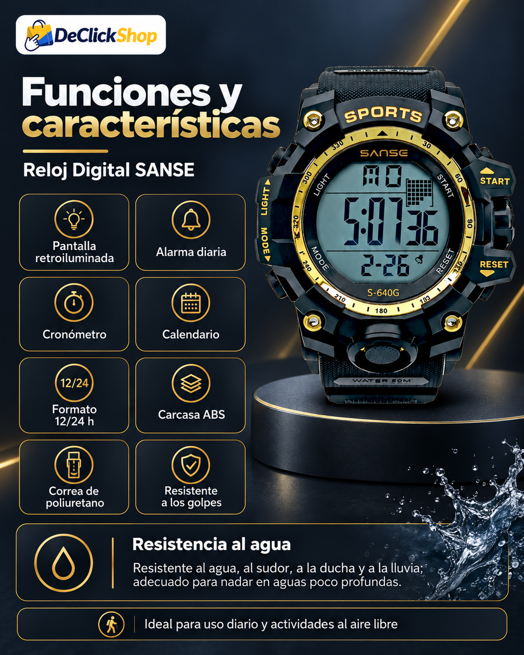 Reloj Deportivo Digital SANSE con Cronómetro y Alarma