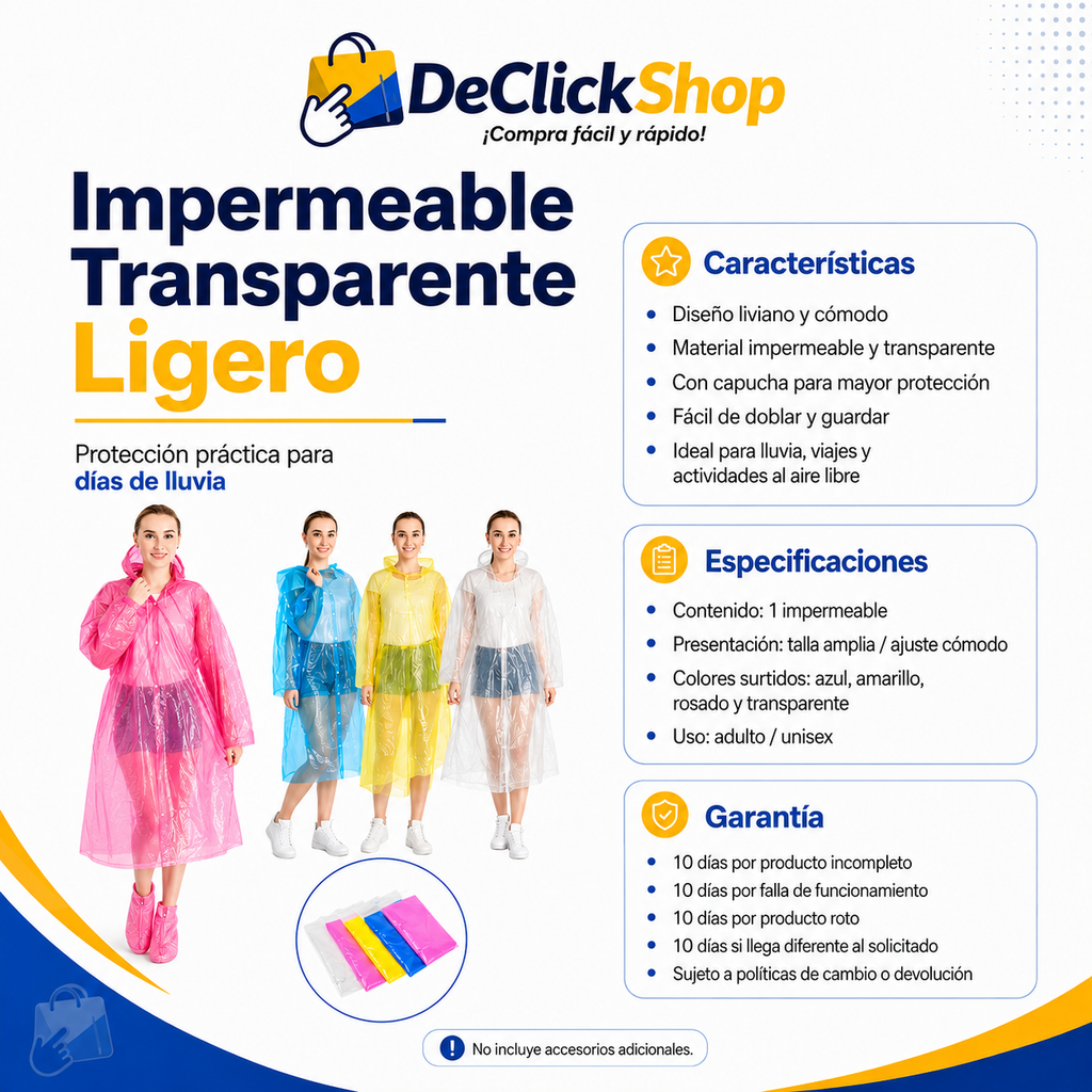 Impermeable Transparente Ligero con Capucha – Adulto Unisex
