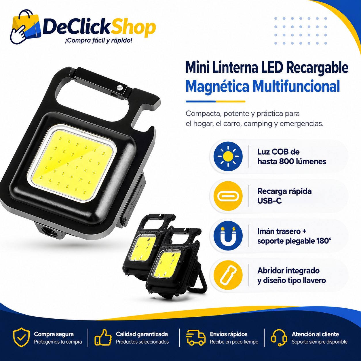 Mini Linterna LED COB Recargable con Imán, Soporte 180° y Abridor