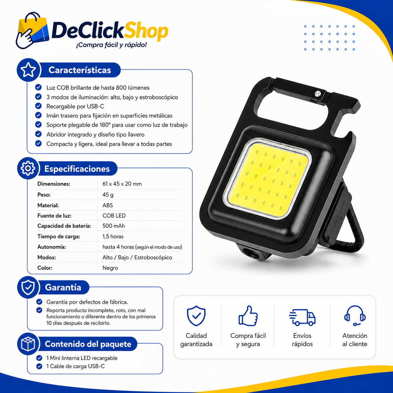Mini Linterna LED COB Recargable con Imán, Soporte 180° y Abridor