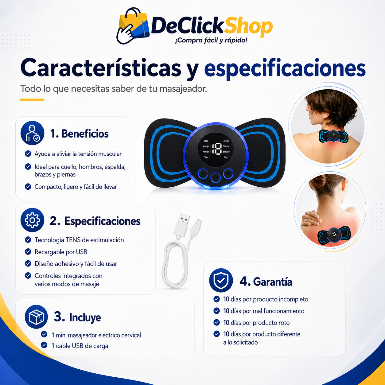 Mini Masajeador Eléctrico TENS Recargable para Cuello y Cuerpo