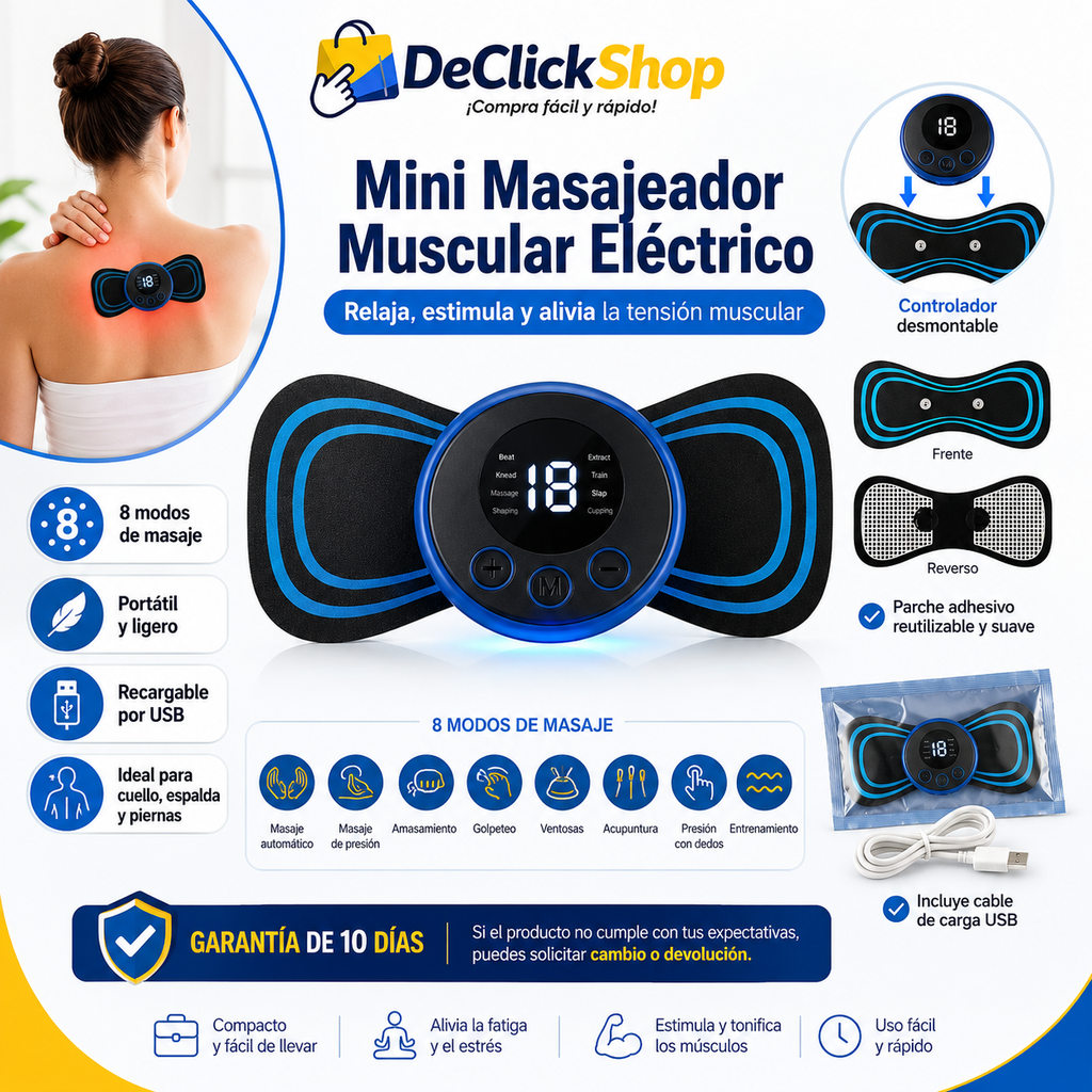 Mini Masajeador Muscular Eléctrico Portátil con 8 Modos y Carga USB