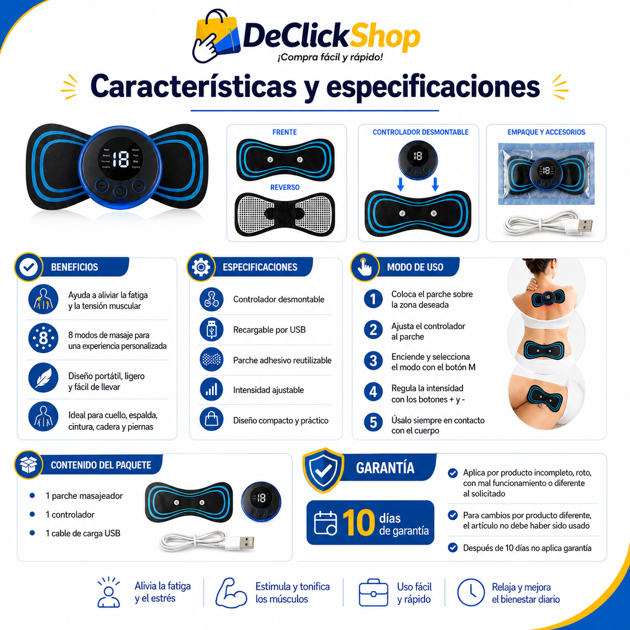 Mini Masajeador Muscular Eléctrico Portátil con 8 Modos y Carga USB