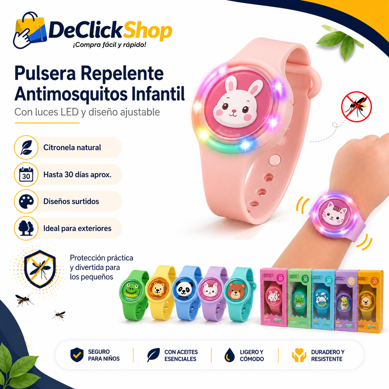 Pulsera Infantil Repelente de Mosquitos con Citronela y Luces LED