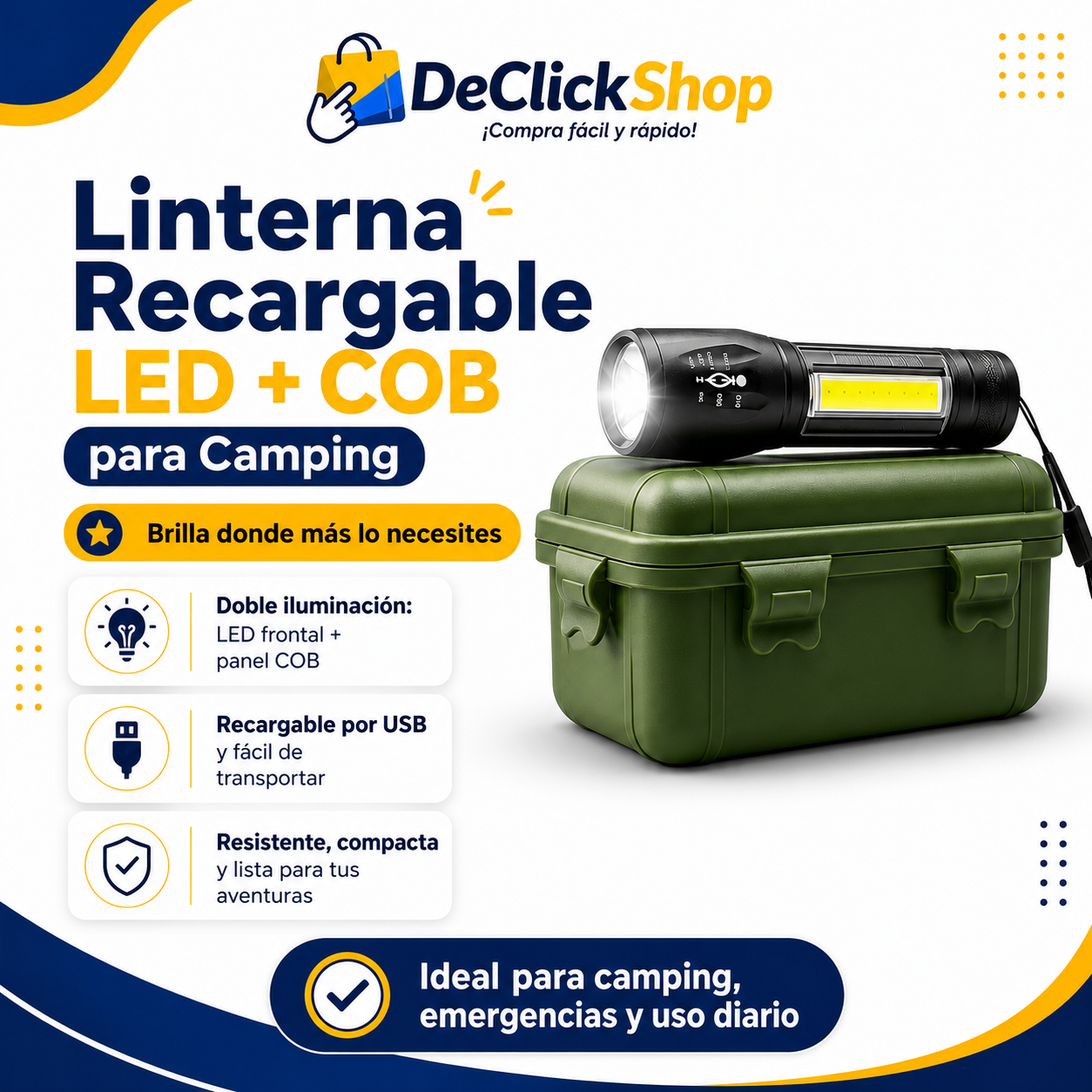 Linterna Recargable LED + COB con Zoom y Estuche Rígido