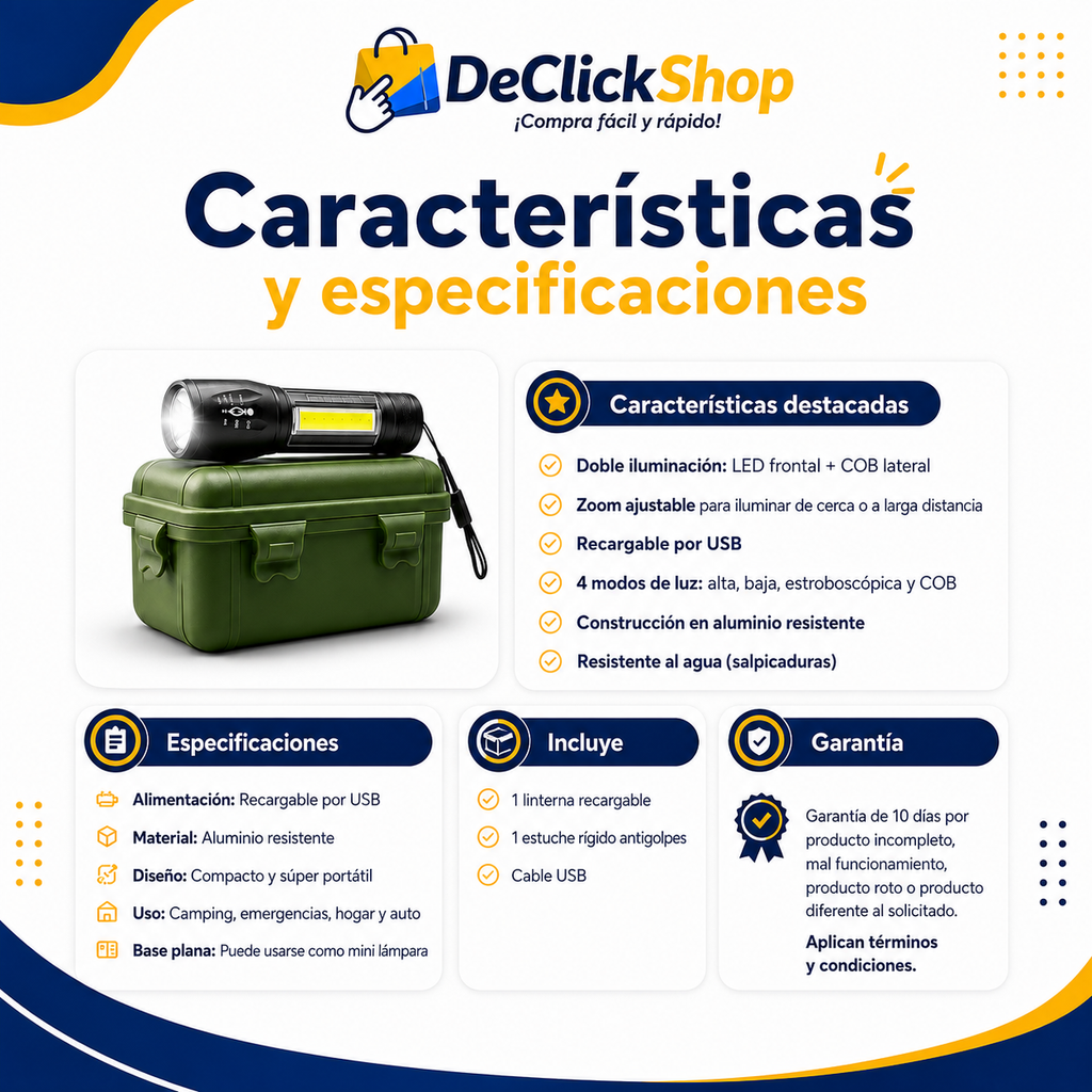 Linterna Recargable LED + COB con Zoom y Estuche Rígido