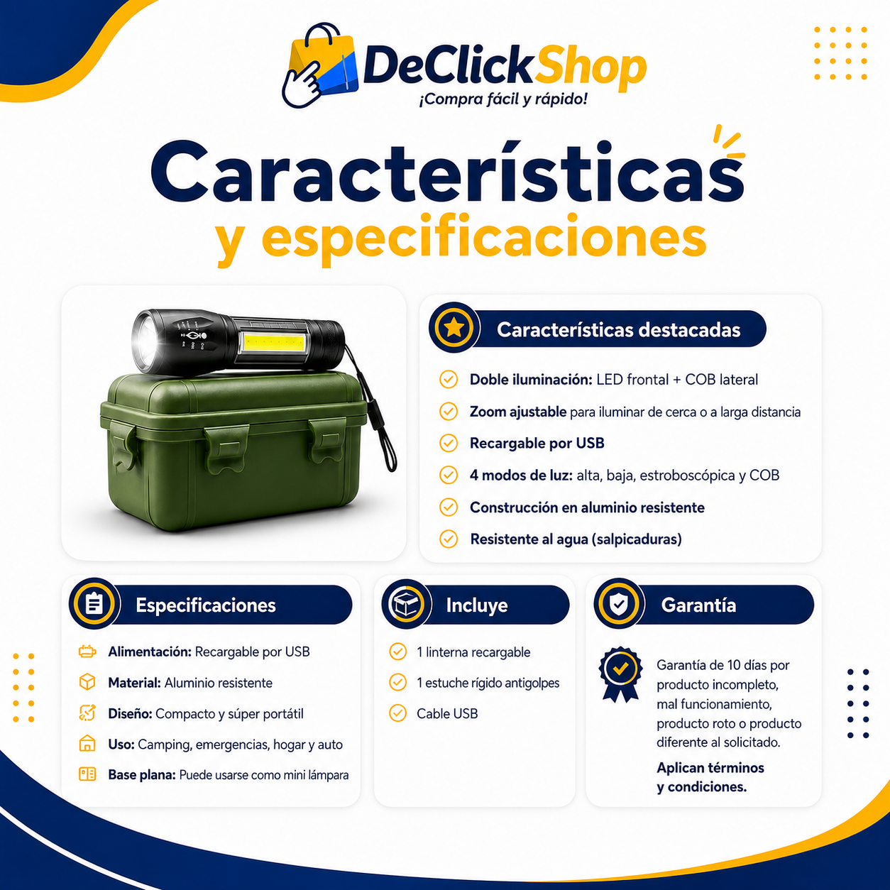 Linterna Recargable LED + COB con Zoom y Estuche Rígido