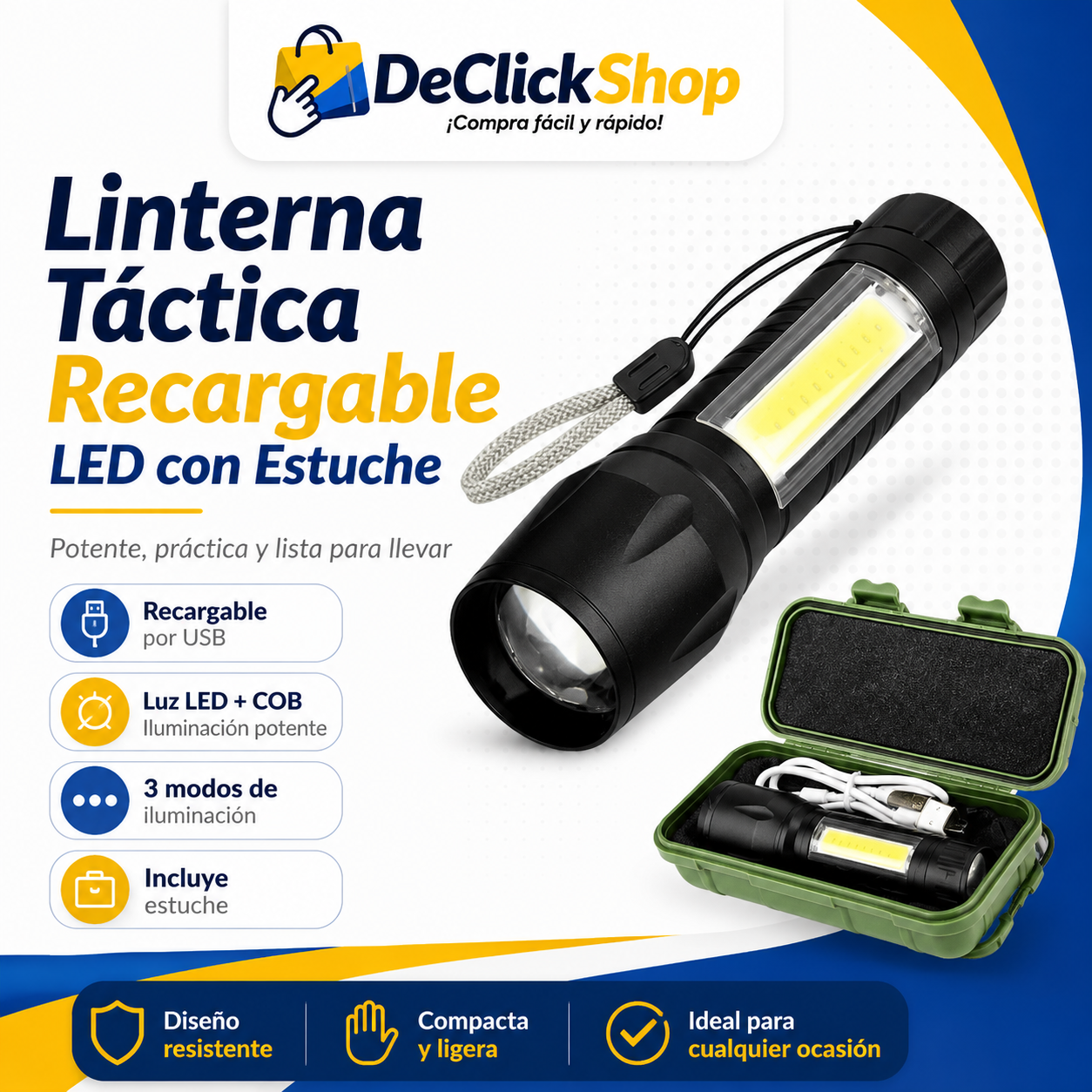 Linterna Táctica Recargable LED + COB con Estuche