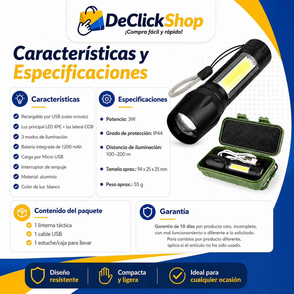 Linterna Táctica Recargable LED + COB con Estuche