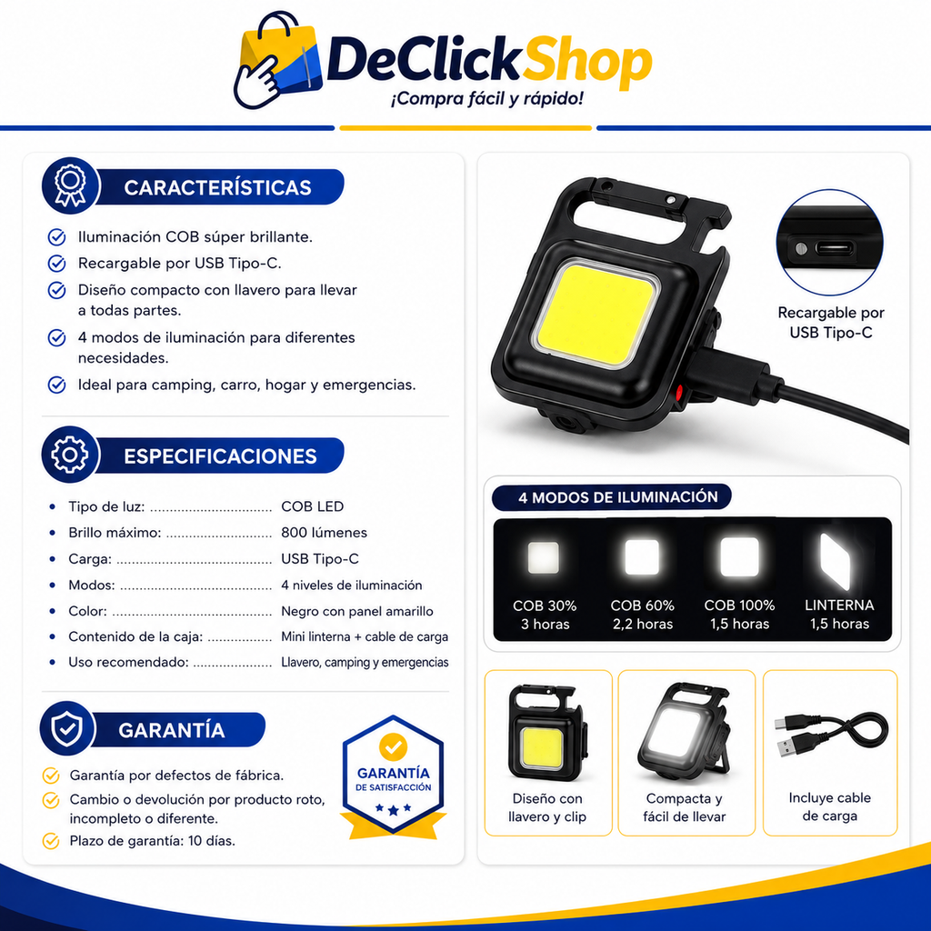 Mini Linterna LED COB Recargable con Llavero – 4 Modos de Iluminación