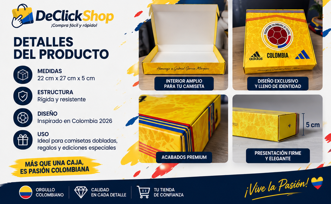 Caja de Presentación Tricolor Colombia 2026 para Camisetas – 22 × 27 × 5 cm
