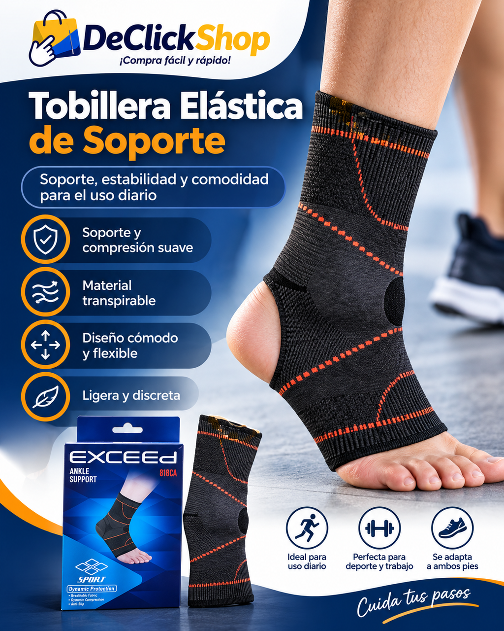 Tobillera Elástica de Soporte con Detalles Naranja