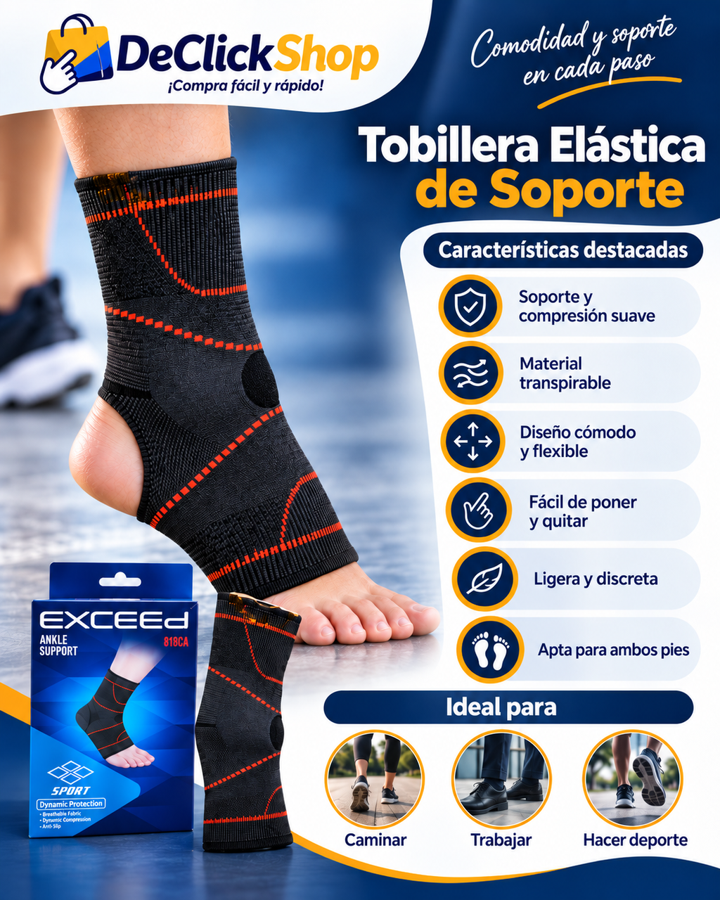 Tobillera Elástica de Soporte con Detalles Naranja