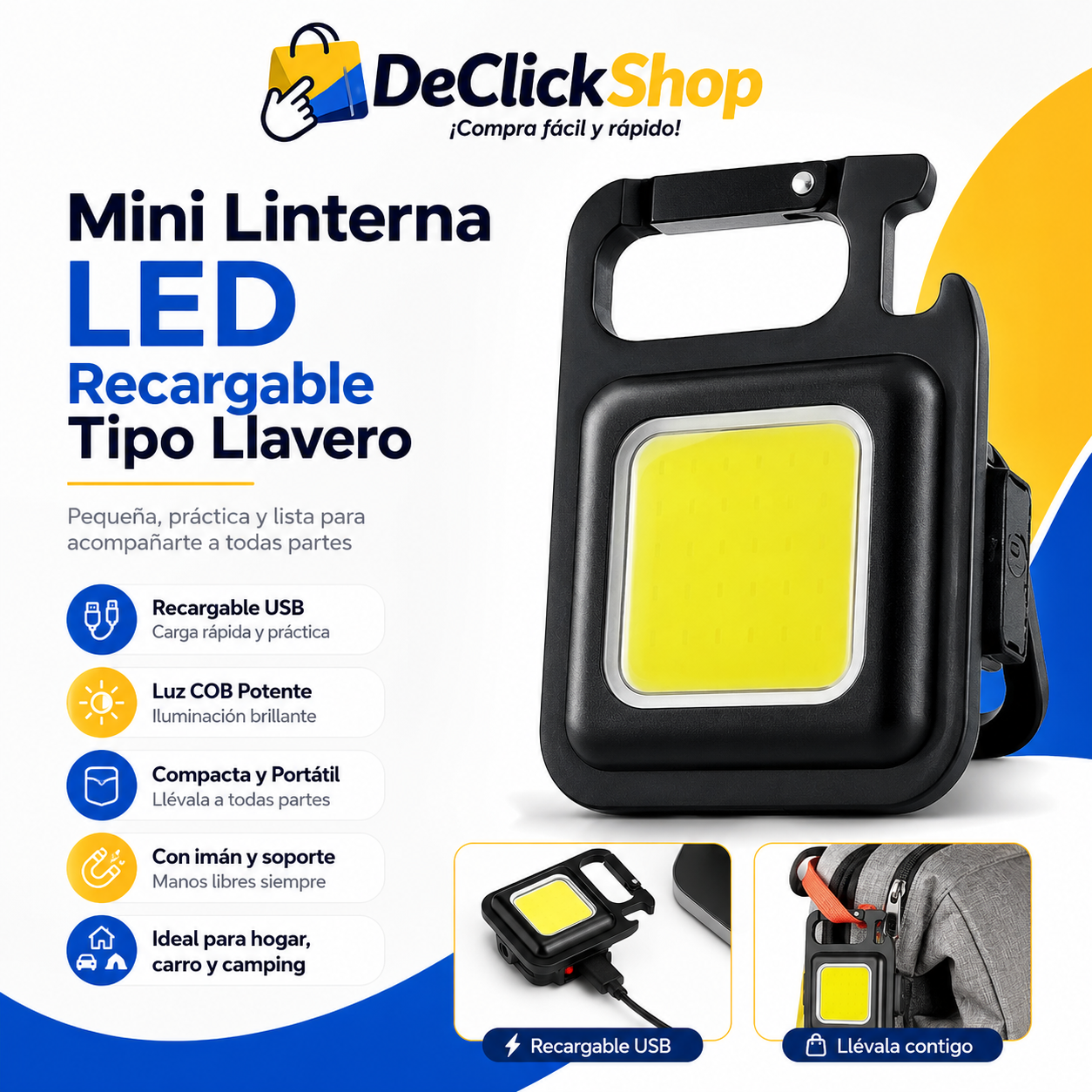 Mini Linterna LED COB Recargable USB Tipo Llavero Multifuncional