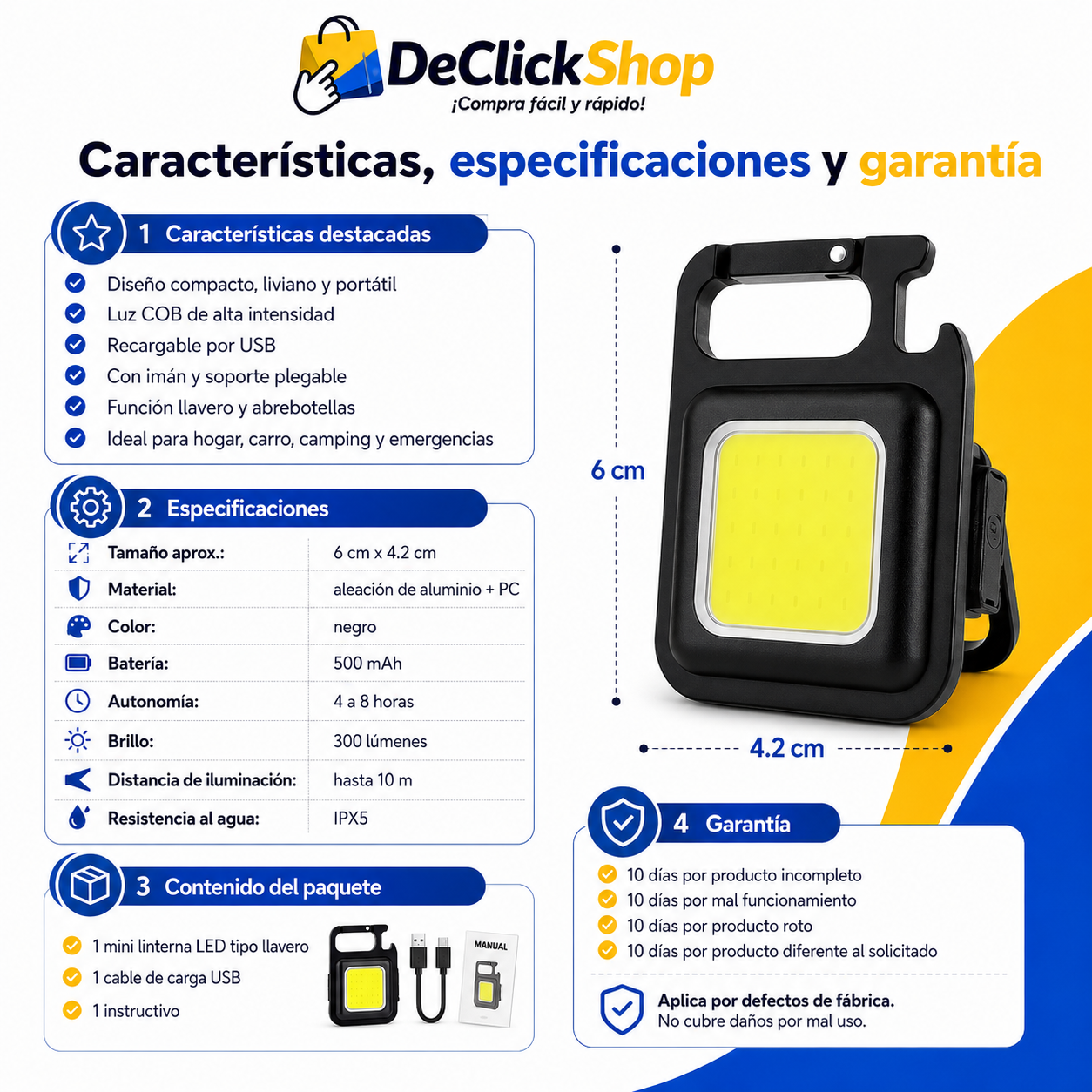 Mini Linterna LED COB Recargable USB Tipo Llavero Multifuncional