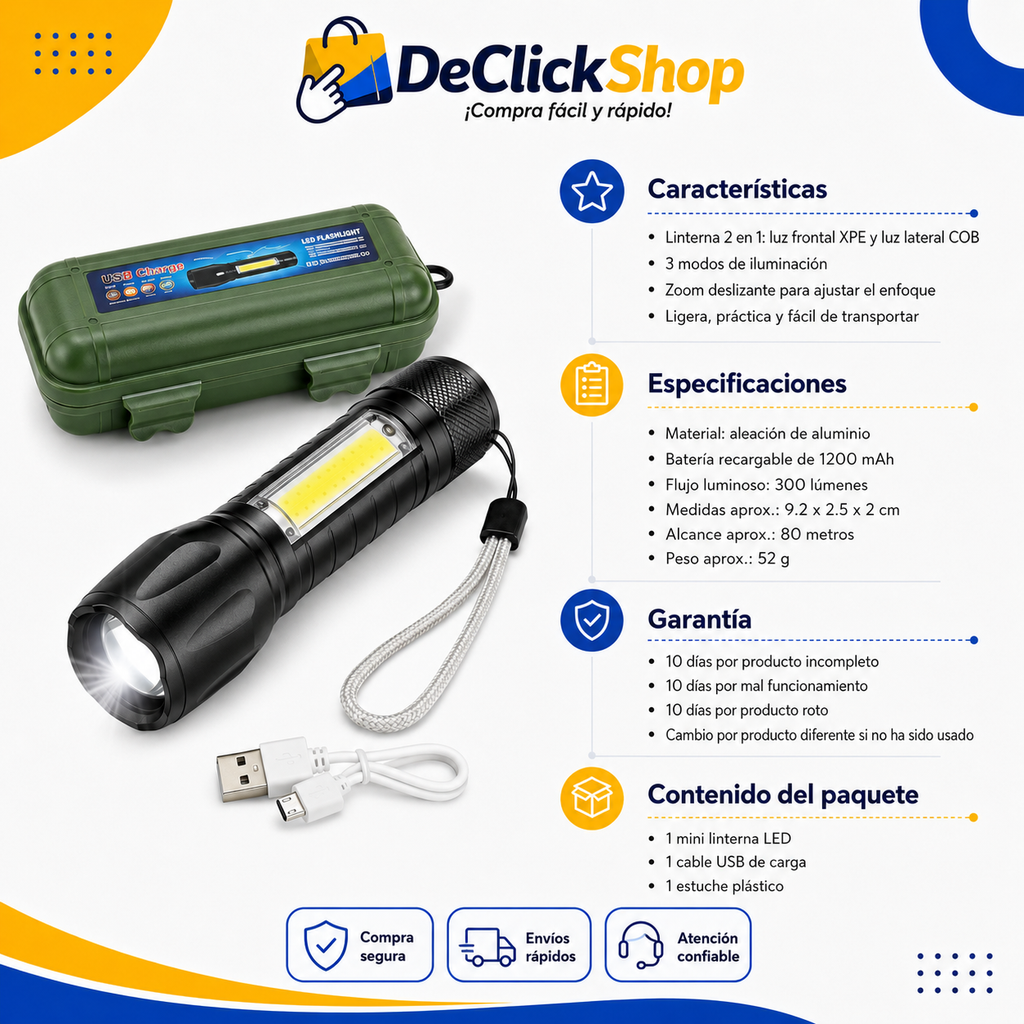 Mini Linterna LED Recargable USB 2 en 1 con Luz Frontal, Luz Lateral COB y Estuche