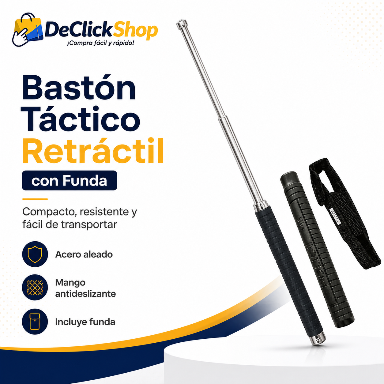 Bastón Táctico Retráctil de Acero con Mango Antideslizante y Funda