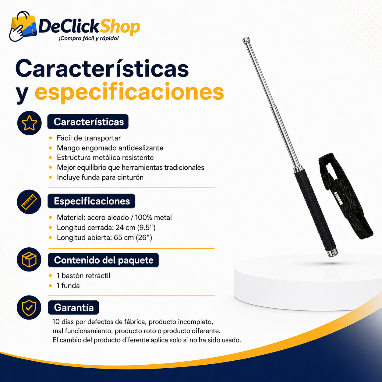 Bastón Táctico Retráctil de Acero con Mango Antideslizante y Funda