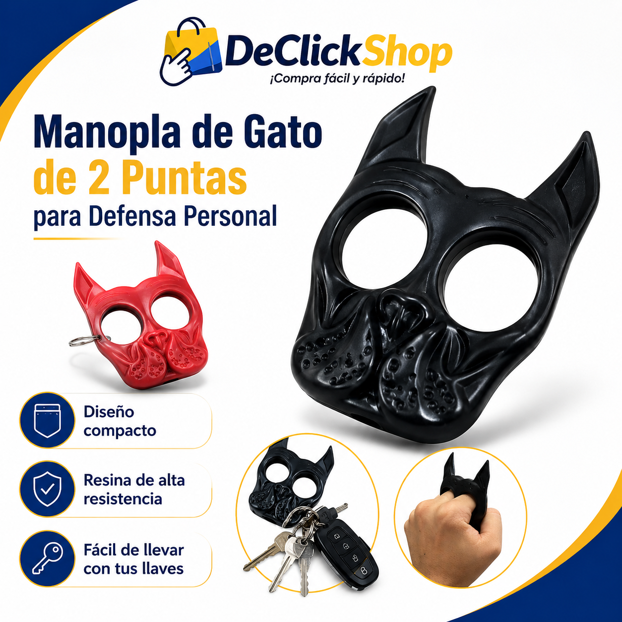 Llavero de Seguridad Personal Tipo Gato con 2 Puntas – Compacto y Resistente